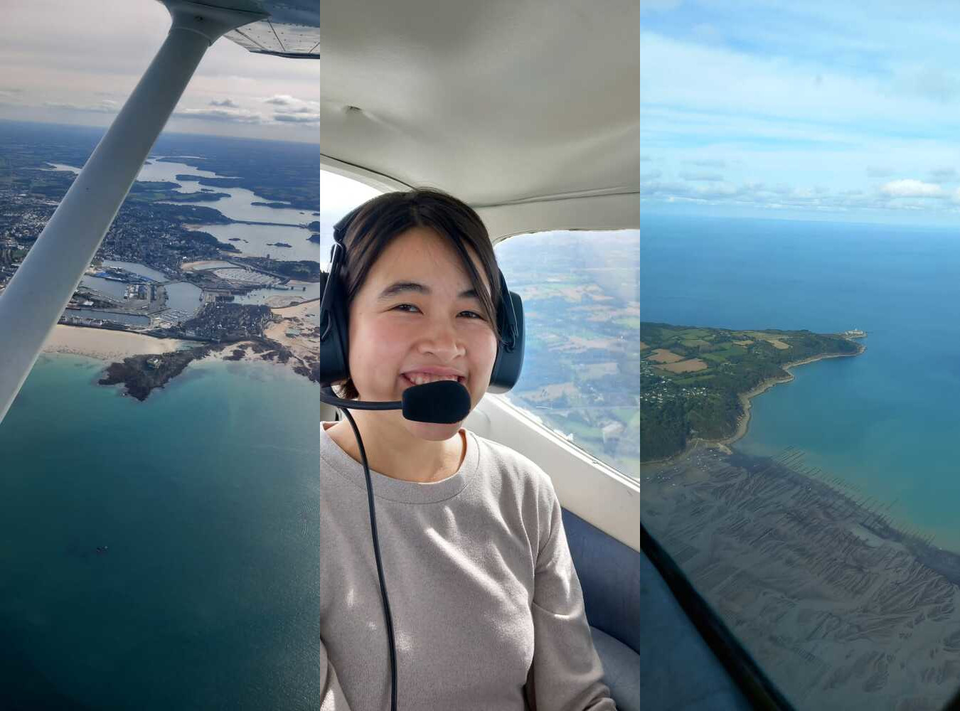 Noëlia with her headset surounding by the stunning views of the north coast of Britanny